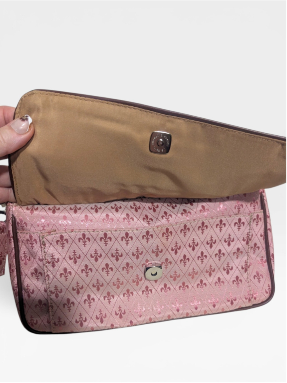 Crazy Horse Liz Claiborne NWT Fleur-de-lis Shoulder Bag Pink & Brown - Picture 6 of 12